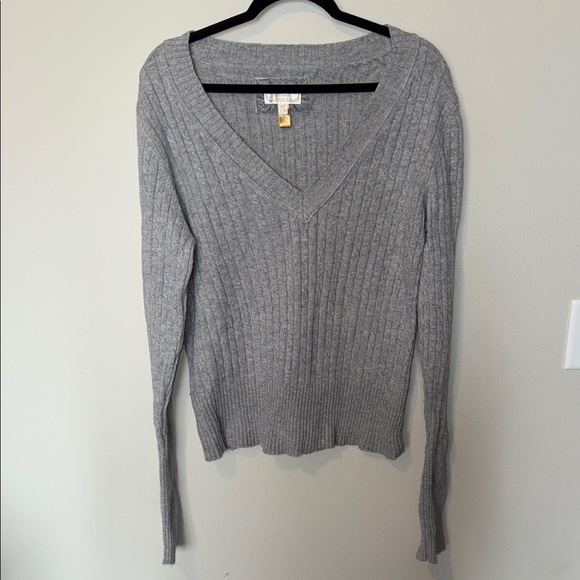 Vintage Y2K American Eagle Cable Knit V Neck Sweater XXL Grey Gold Logo - Picture 1 of 8